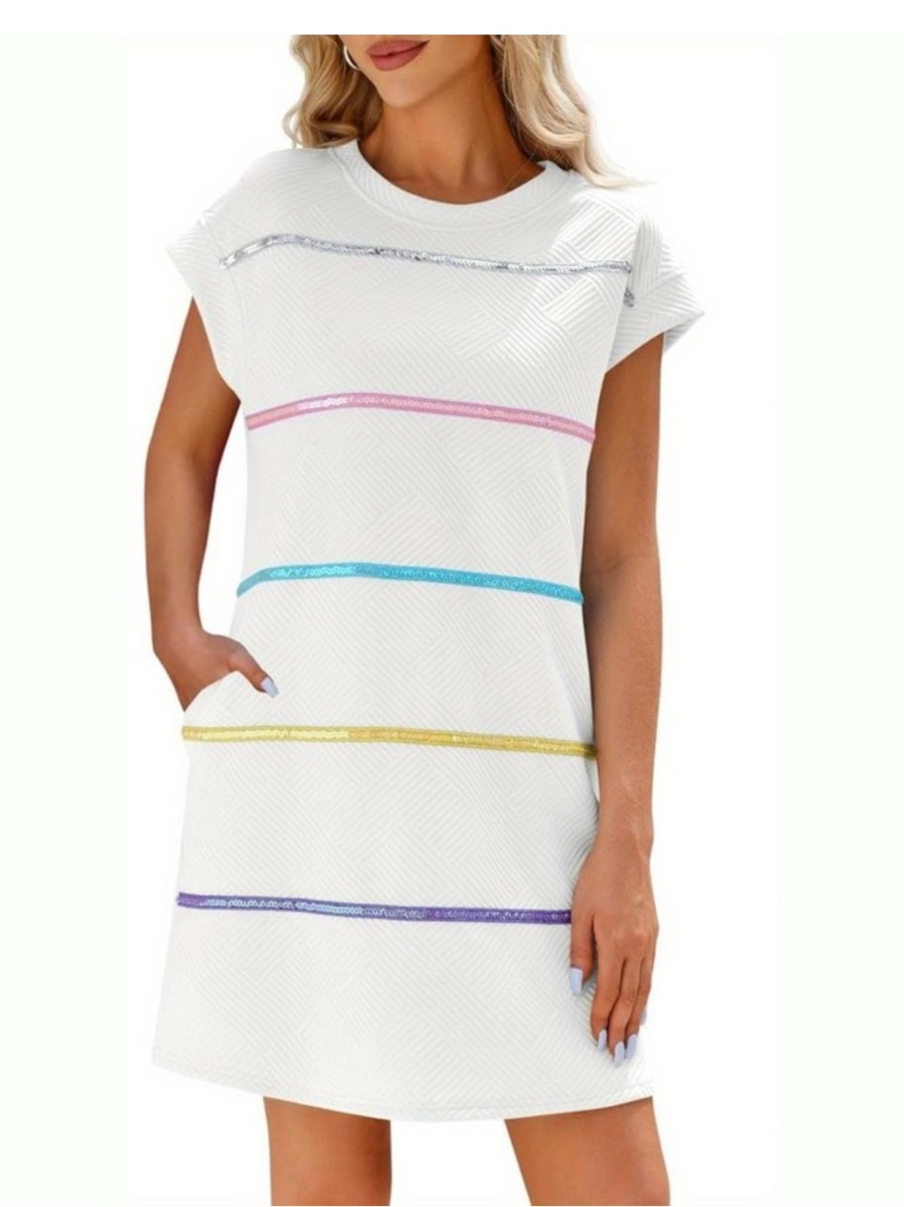 Imily Bela Women's Mini Dress Textured T-Shirt Style Sequin Stripe Summer Casual